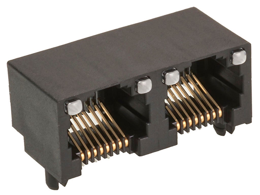 Two-port, right-angle, black modular jack with light pipes. 