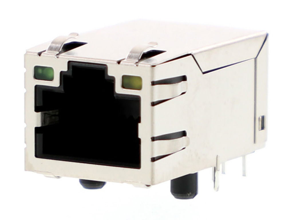 Right-angle, gray magnetic jack with 1x1 port configuration.  