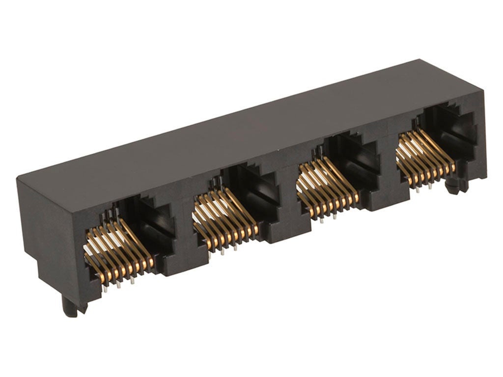 Four-port, right-angle, black modular jack. 
