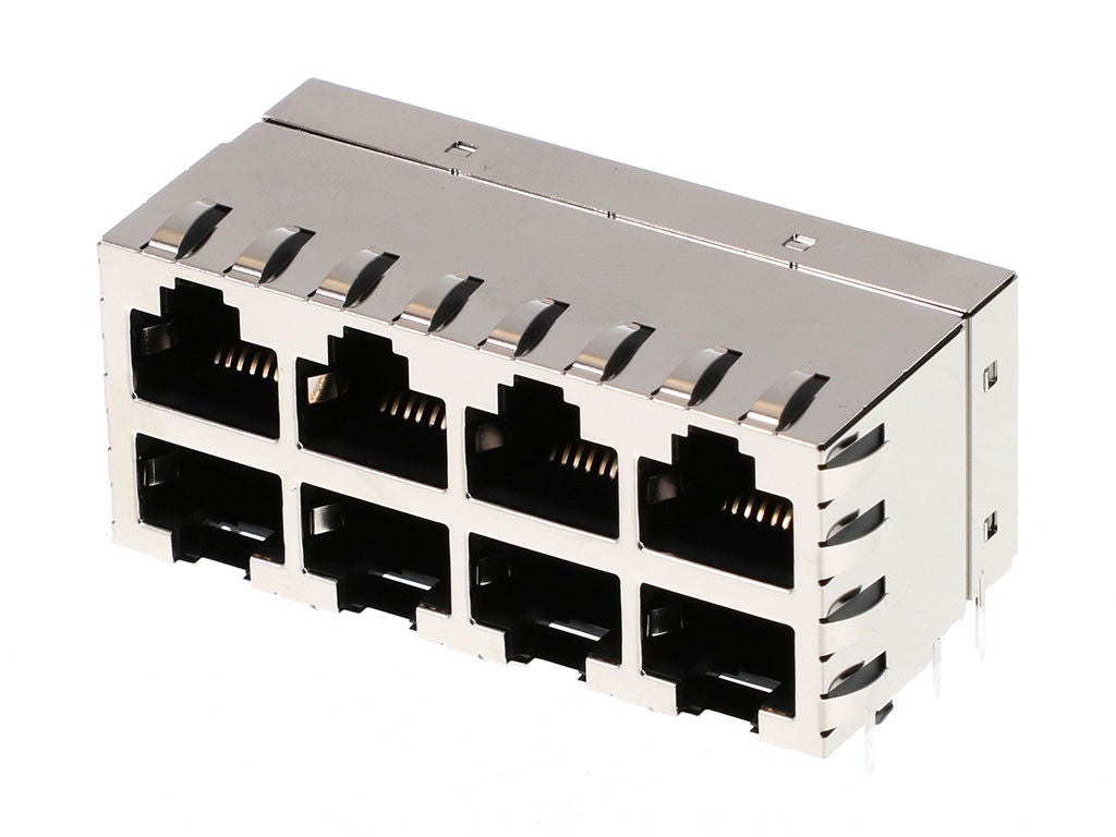 Eight-port, right-angle, silver modular jack. 