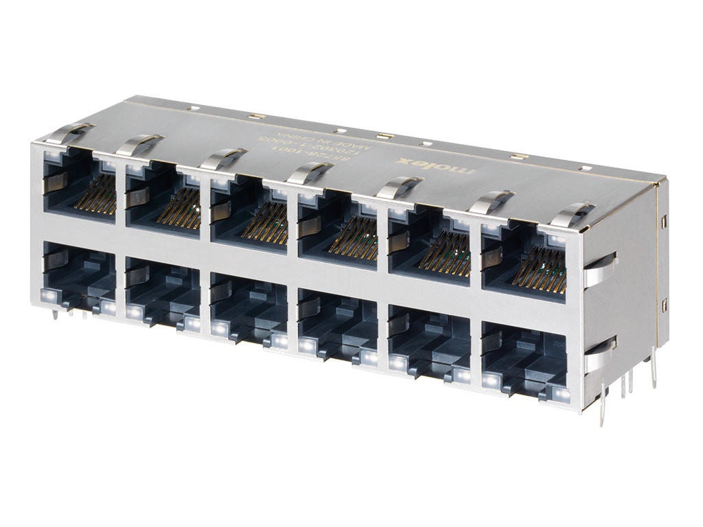   Twelve-port, gray magnetic jack with a 2x6 port configuration. 