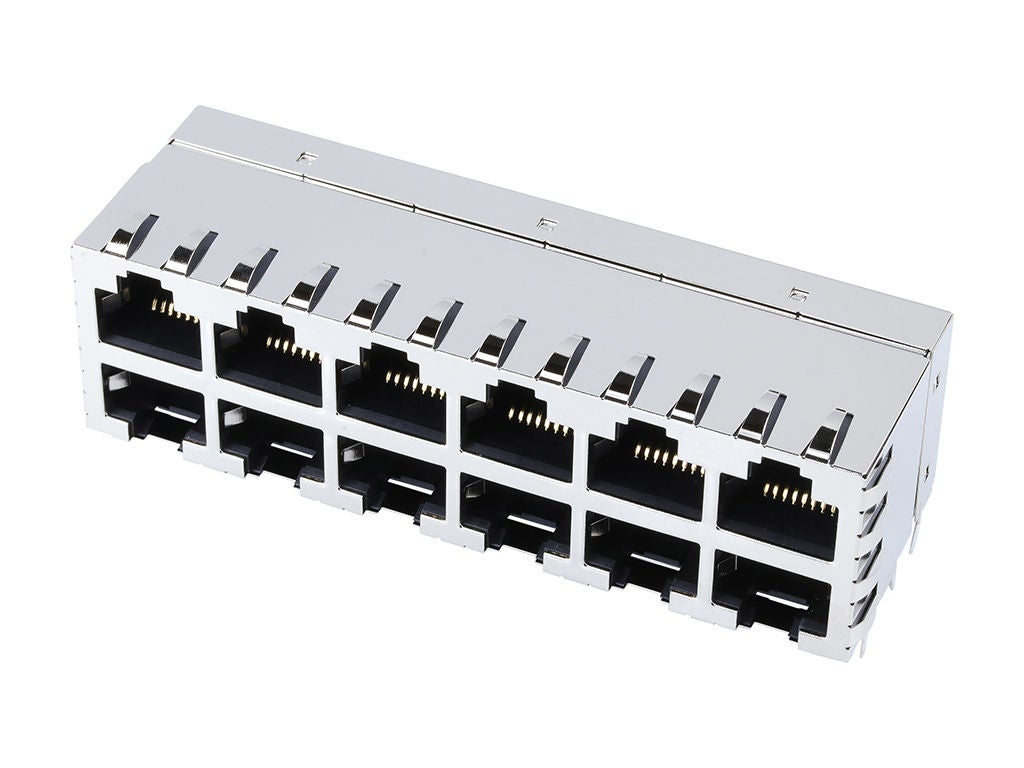 Twelve-port, right-angle, silver modular jack. 