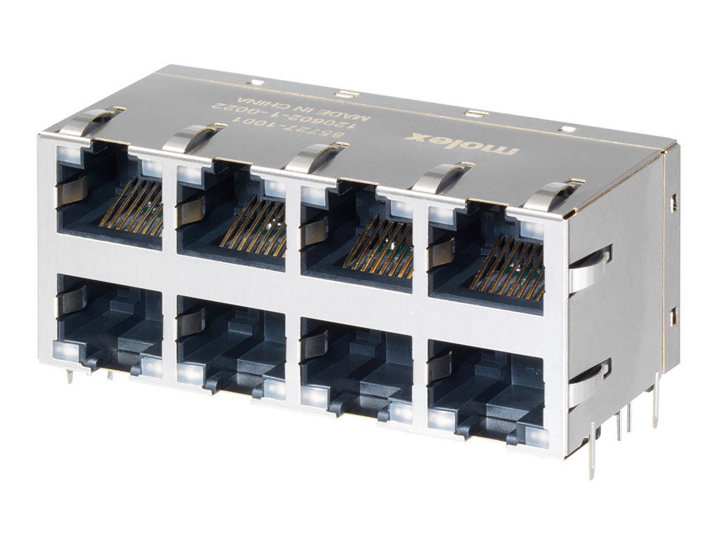   Eight-port, gray magnetic jack with a 2x4 port configuration. 