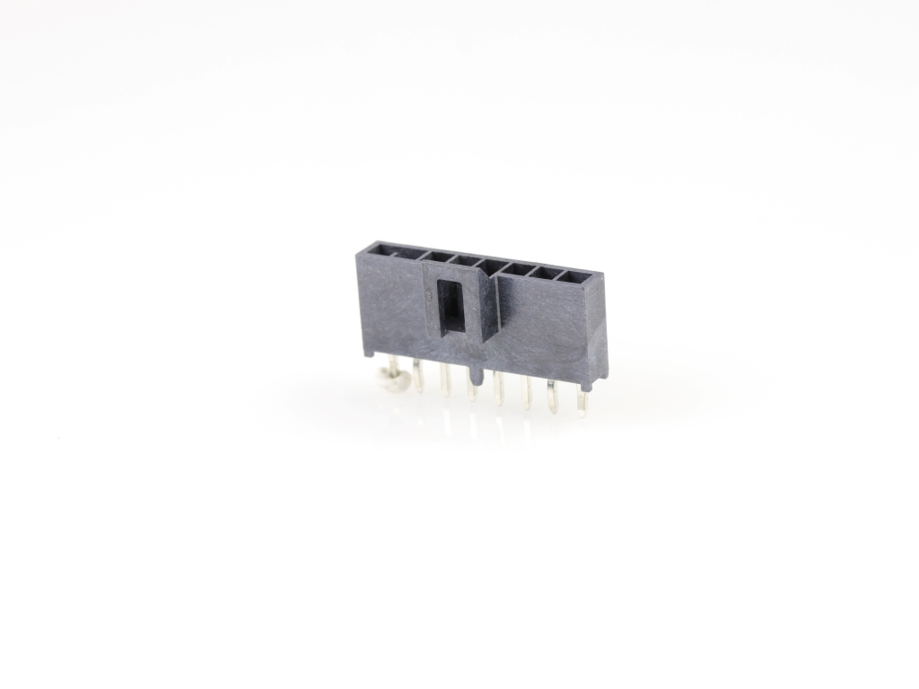 Nano-Fit Vertical Header, Through Hole, 2.50mm Pitch, Single Row, 8 Circuits, with Kinked Pins, 0.76µm Gold (Au) Plating, Black, Glow-Wire Capable, Tray