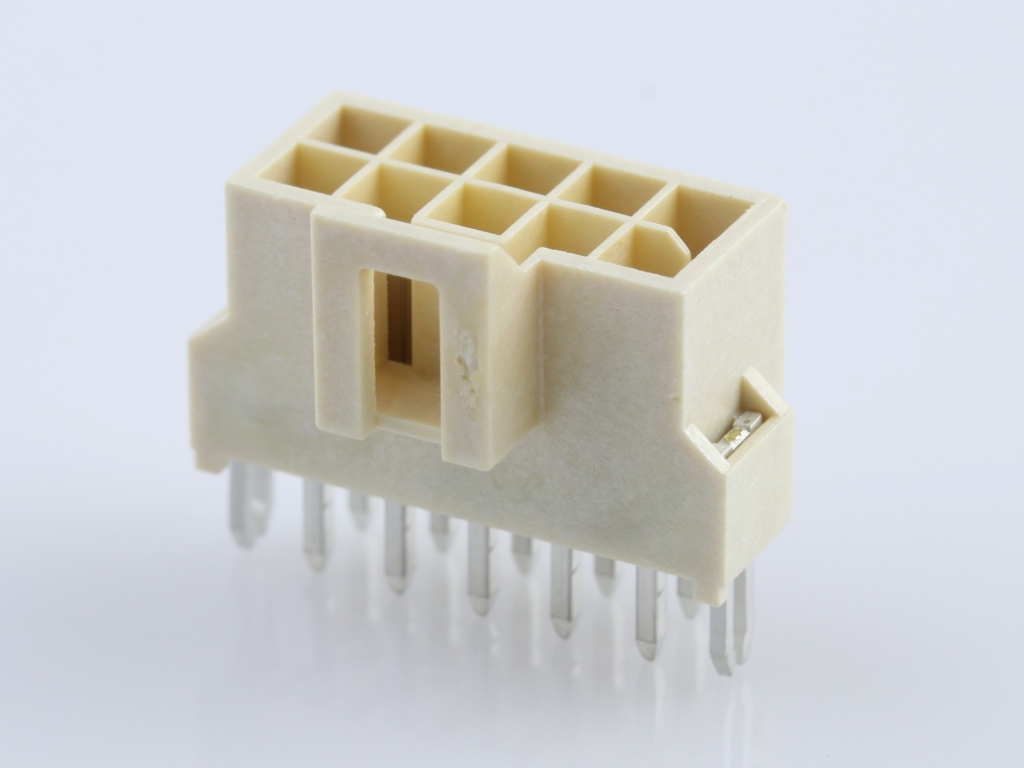 Nano-Fit Vertical Header, Through Hole, 2.50mm Pitch, Dual Row, 10 Circuits, with Solder Clips, Tin (Sn) Plating, Natural, Glow-Wire Capable, Tray