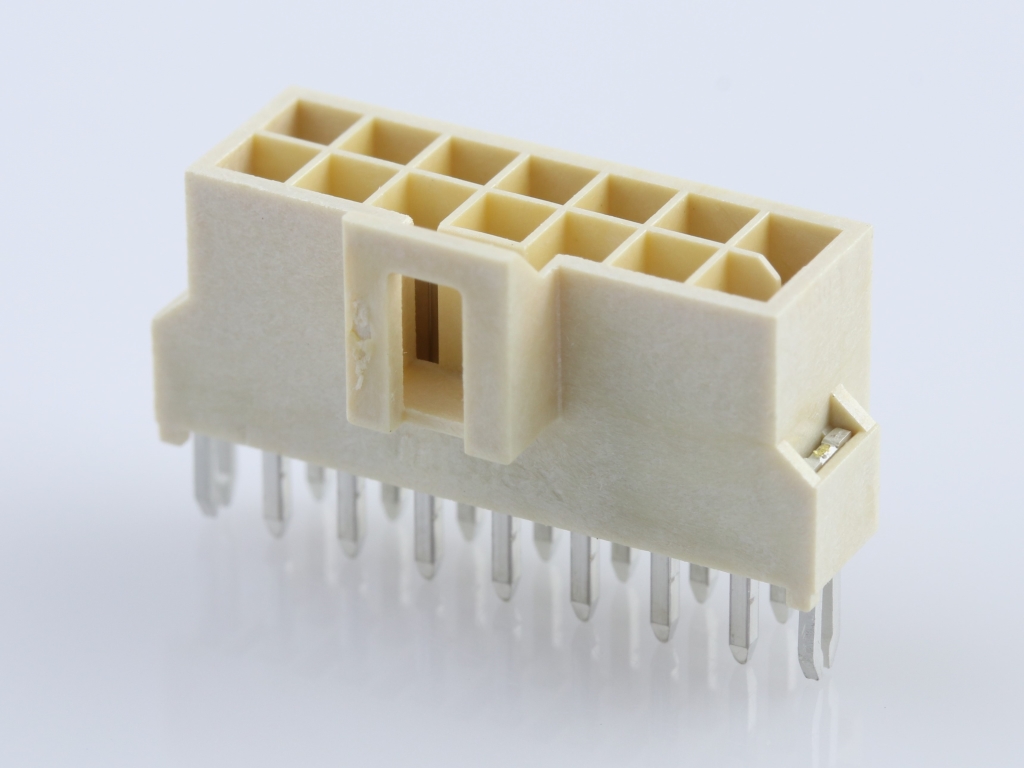 Nano-Fit Vertical Header, Through Hole, 2.50mm Pitch, Dual Row, 14 Circuits, with Solder Clips, 0.38µm Gold (Au) Plating, Natural, Glow-Wire Capable, Tray