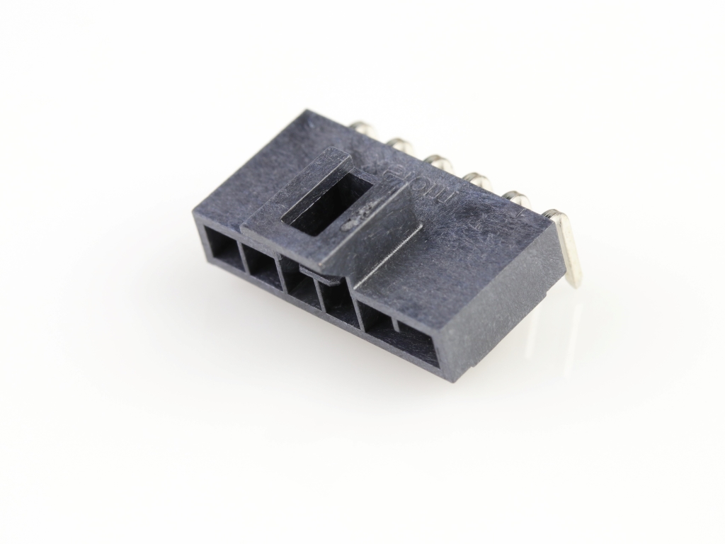 Nano-Fit Right-Angle Header, Through Hole, 2.50mm Pitch, Single Row, 6 Circuits, 0.76µm Gold (Au) Plating, Lubricated, Black, Glow-Wire Capable, Tray