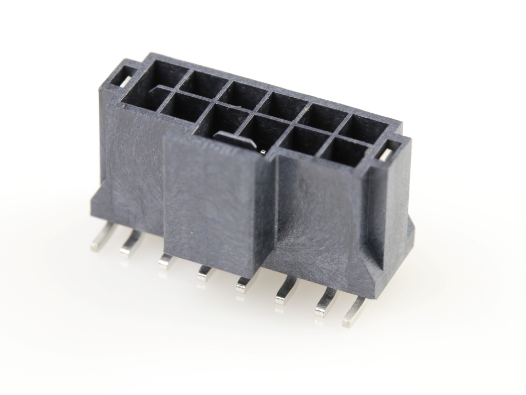 Nano-Fit Vertical Header, Surface Mount, 2.50mm Pitch, Dual Row,12 Circuits, 0.76µm Tin (Sn) Plating, Black, Glow-Wire Capable