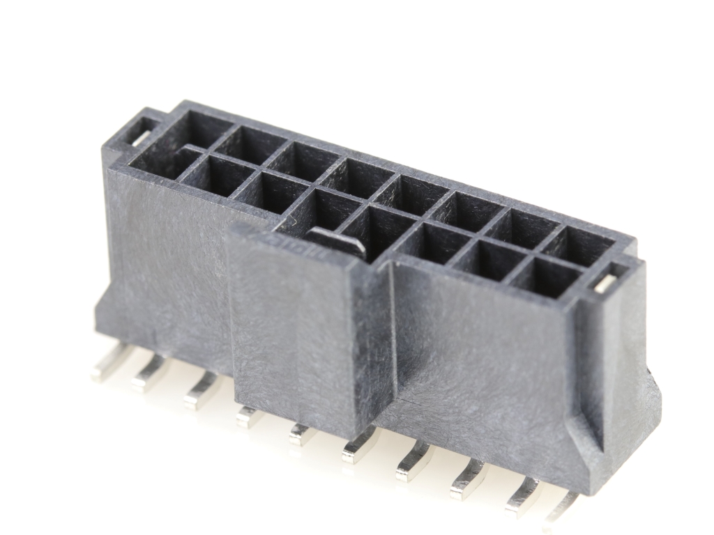 Nano-Fit Vertical Header, Surface Mount, 2.50mm Pitch, Dual Row, 16 Circuits, 0.76µm Gold (Au) Plating, Lubricated, Black, Glow-Wire Capable