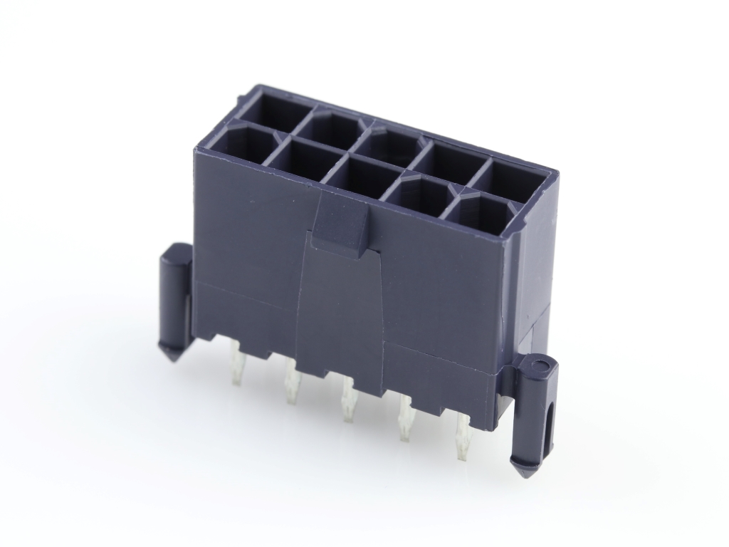 Mini-Fit Jr. Header, Dual Row, Vertical, with Snap-in Plastic Peg PCB Lock, 10 Circuits, Nylon 6/6, UL 94V-2, Tin (Sn) Plating, Glow-Wire Capable, Black