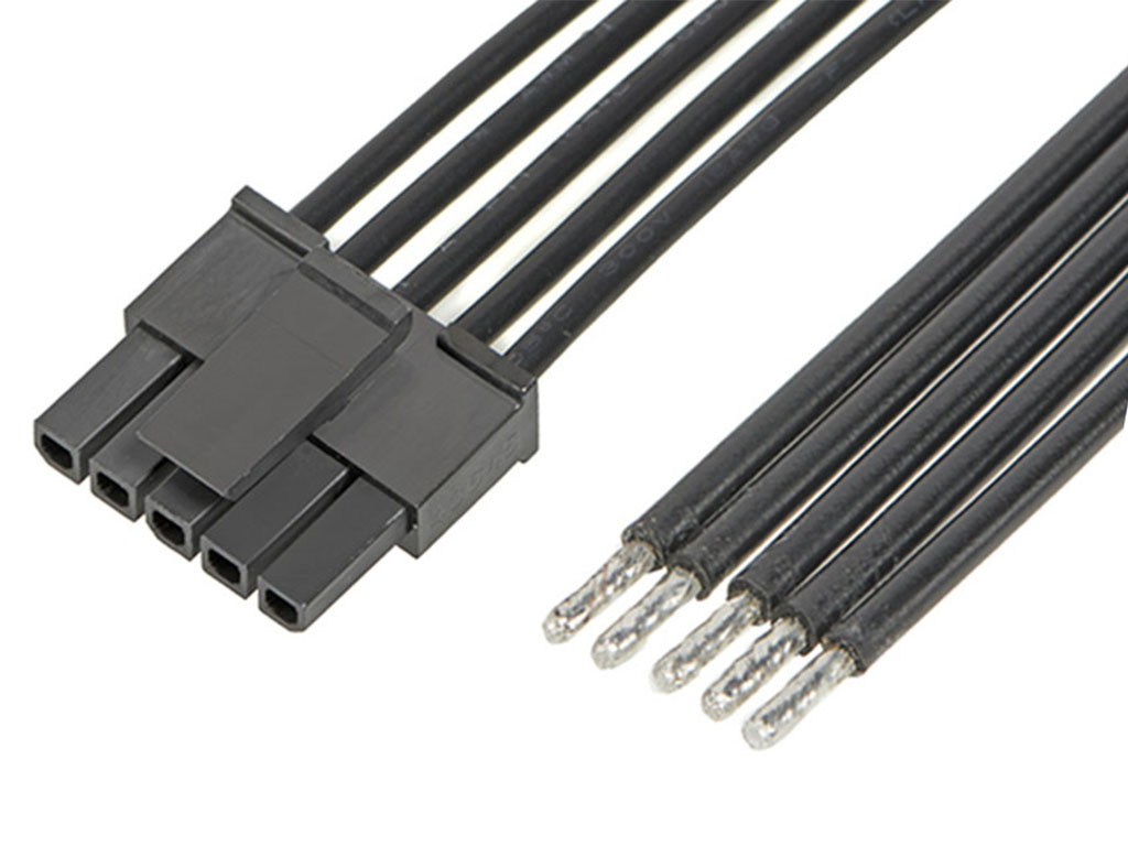 Micro-Fit 3.0 Female-to-Pigtail Off-the-Shelf (OTS) Cable Assembly, Single Row, 600.00mm Length, Tin (Sn) Plating, 5 Circuits, Black