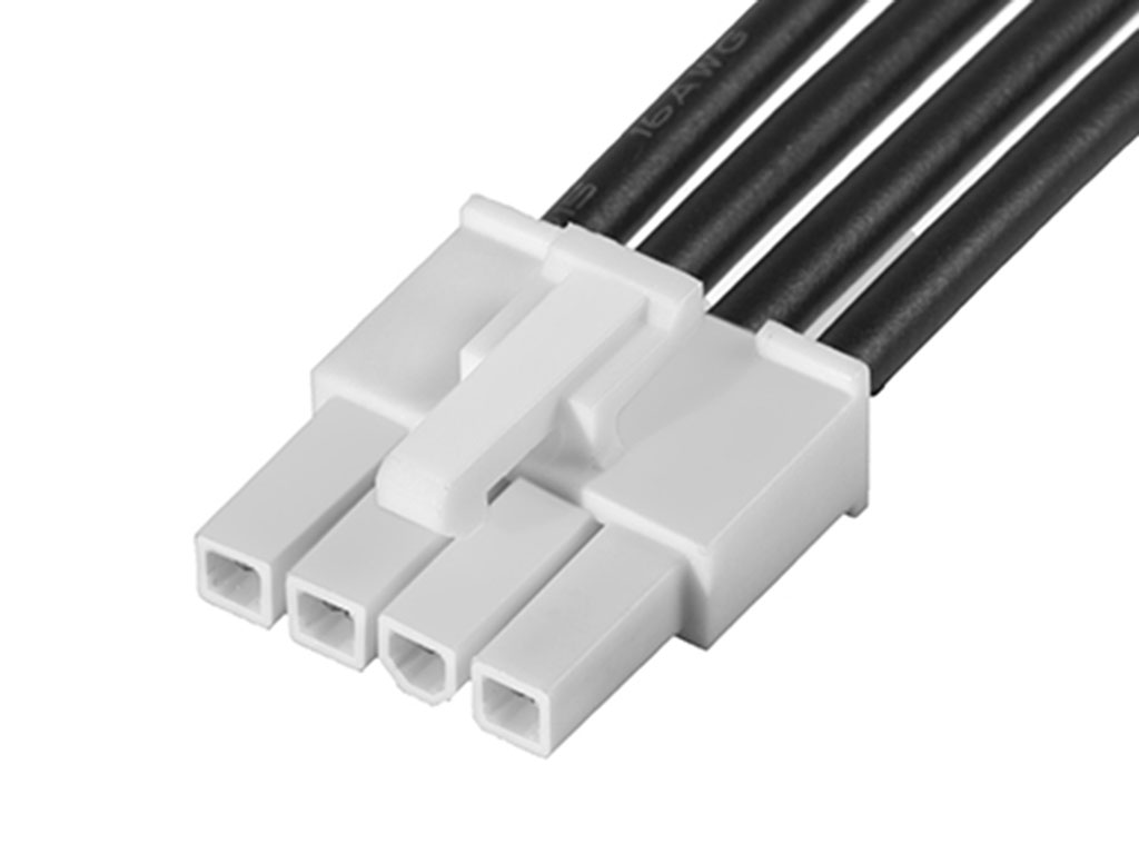 Mini-Fit Jr. Female-to-Pigtail Off-the-Shelf (OTS) Cable Assembly, Single Row, 600.00mm Length, Tin (Sn) Plating, 4 Circuits, Black