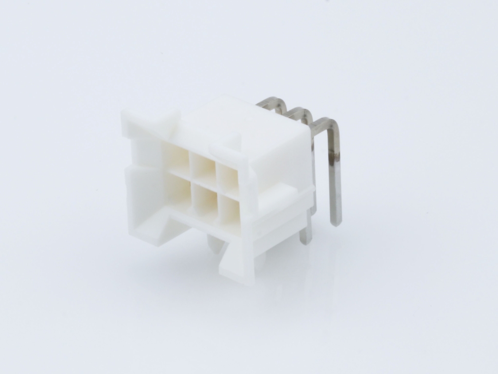 Mini-Fit BMI Header, Dual Row, Right-Angle, with Snap-in Plastic Peg PCB Lock, 6 Circuits, PA Polyamide Nylon 6/6, UL 94V-0, with Select Gold (Au) Plating