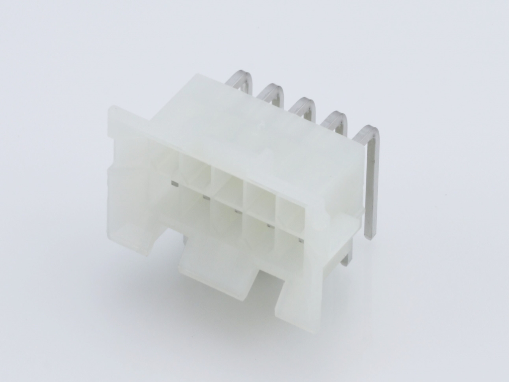 Mini-Fit BMI Header, Dual Row, Right-Angle, with Snap-in Plastic Peg PCB Lock, 10 Circuits, PA Polyamide Nylon 6/6, UL 94V-2, with Tin (Sn) Plating