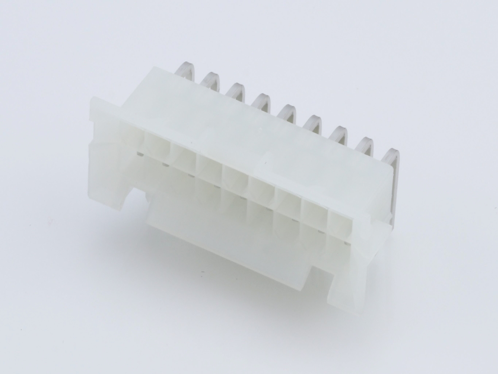 Mini-Fit BMI Header, Dual Row, Right-Angle, with Snap-in Plastic Peg PCB Lock, 18 Circuits, PA Polyamide Nylon 6/6, UL 94V-2, with Tin (Sn) Plating
