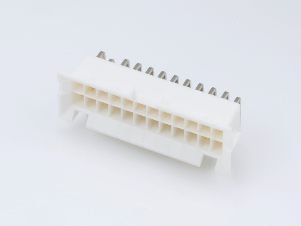 Mini-Fit BMI Header, Dual Row, Right-Angle, with Snap-in Plastic Peg PCB Lock, 24 Circuits, PA Polyamide Nylon 6/6, UL 94V-0, with Select Gold (Au) Plating