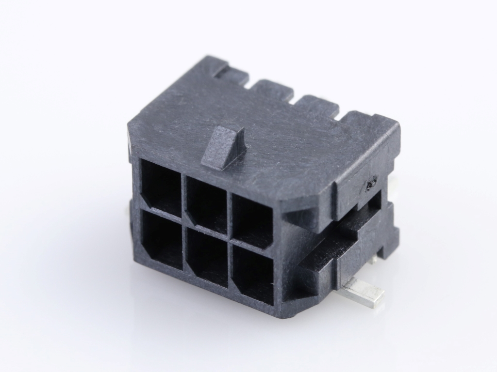 Micro-Fit 3.0 Right-Angle Header, 3.00mm Pitch, Dual Row, 6 Circuits, with Solder Tab, 0.38µm Gold Plating, Glow-Wire Capable, Black, Tape and Reel