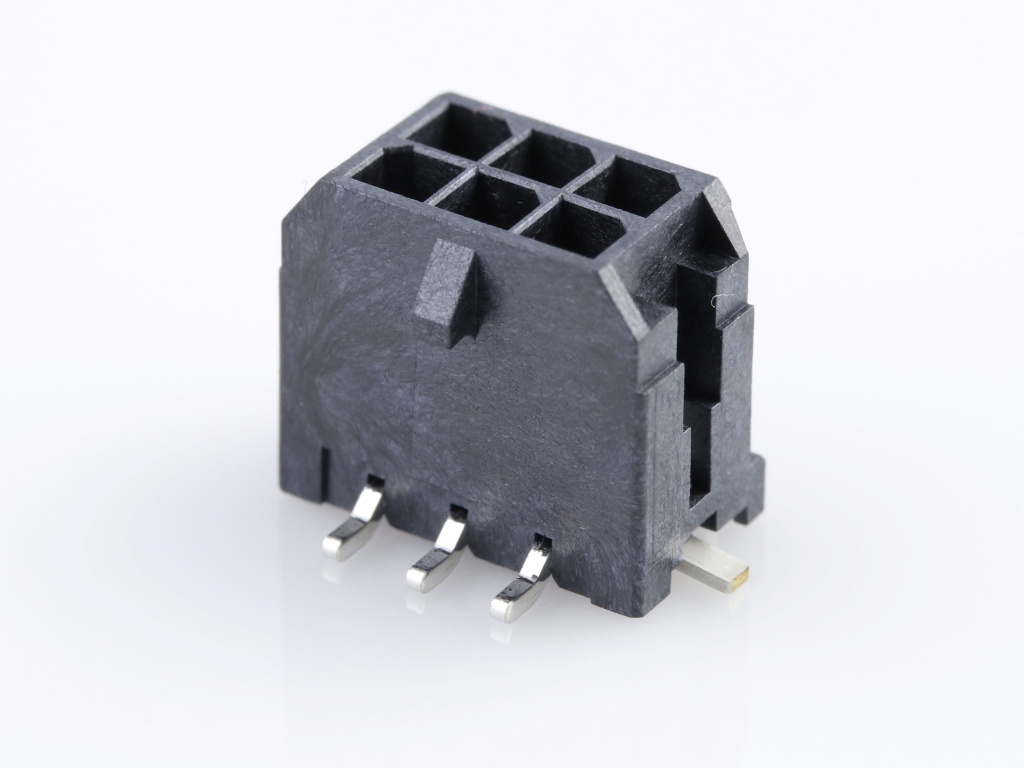 Micro-Fit 3.0 Vertical Header, 3.00mm Pitch, Dual Row, 6 Circuits, with Solder Tab, 0.76µm Gold Plating, Glow-Wire Capable, Black, Tape and Reel