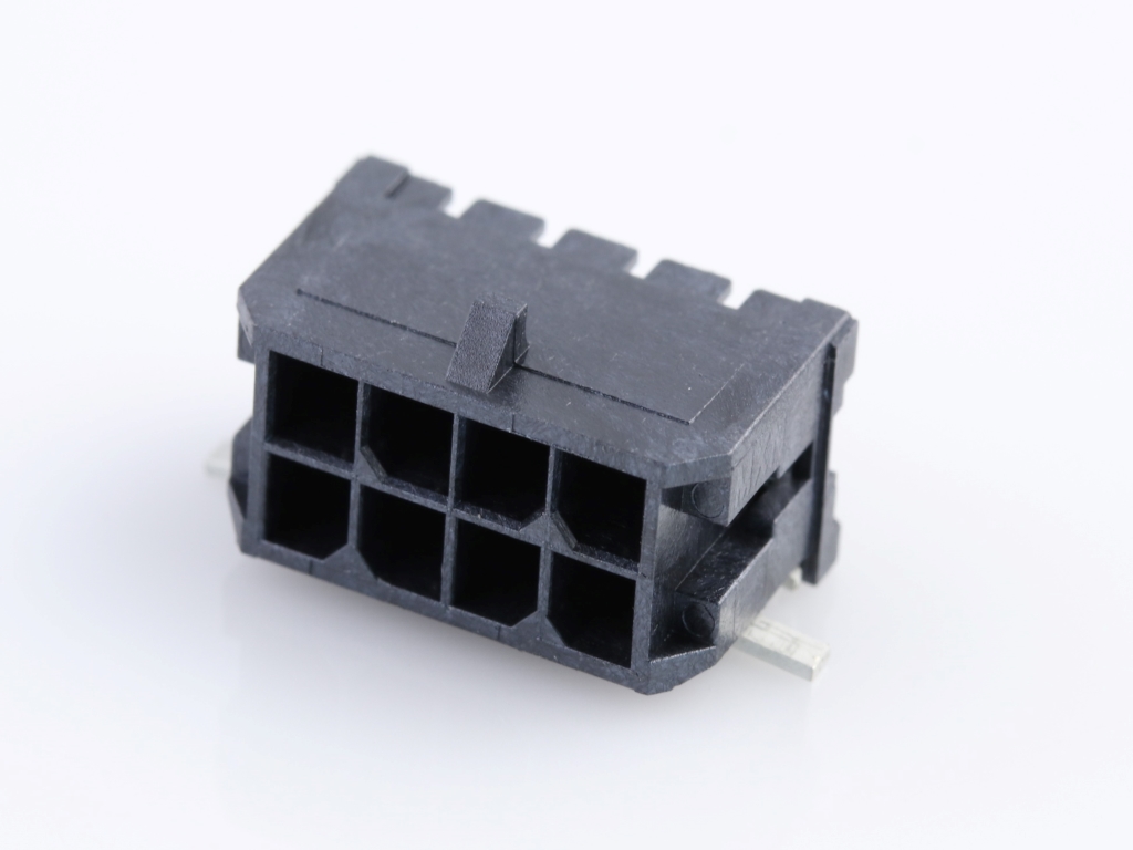 Micro-Fit 3.0 Right-Angle Header, 3.00mm Pitch, Dual Row, 8 Circuits, with Solder Tab, 0.38µm Gold Plating, Glow-Wire Capable, Black, Tape and Reel