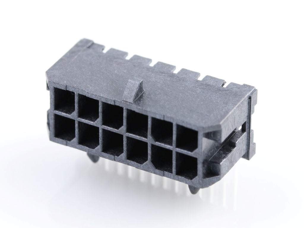 Micro-Fit 3.0 Right-Angle Header, 3.00mm Pitch, Dual Row, 12 Circuits, with Snap-in Plastic Peg PCB Lock, 0.38µm Gold Plating, Glow-Wire Capable, Black