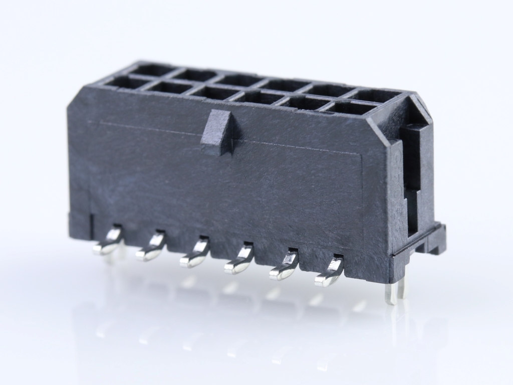 Micro-Fit 3.0 Vertical Header, 3.00mm Pitch, Dual Row, 12 Circuits, with PCB Press-fit Metal Retention Clip, 1.52µm Matte Tin Plating, Glow-Wire Capable, Black, Tape and Reel