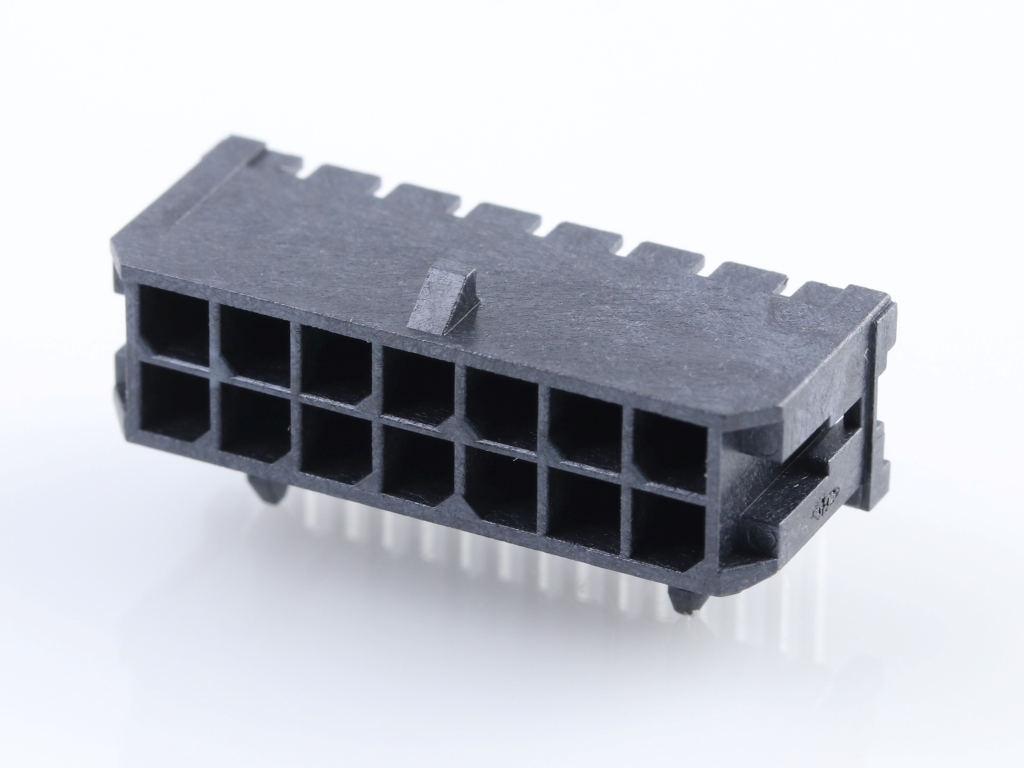 Micro-Fit 3.0 Right-Angle Header, 3.00mm Pitch, Dual Row, 14 Circuits, with Snap-in Plastic Peg PCB Lock, 0.76µm Gold Plating, Glow-Wire Capable, Black