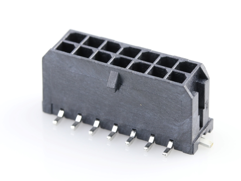 Micro-Fit 3.0 Vertical Header, 3.00mm Pitch, Dual Row, 14 Circuits, with Solder Tab, 0.76µm Gold Plating, Glow-Wire Capable, Black, Tape and Reel