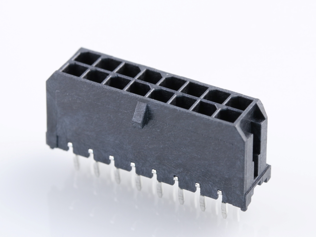Micro-Fit 3.0 Vertical Header, 3.00mm Pitch, Dual Row, 16 Circuits, with PCB Polarizing Peg, 0.76µm Gold Plating, Glow-Wire Capable, Black