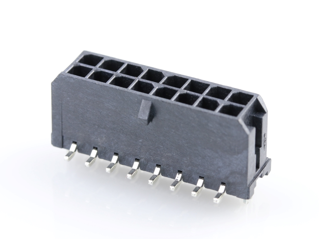 Micro-Fit 3.0 Vertical Header, 3.00mm Pitch, Dual Row, 16 Circuits, with PCB Press-fit Metal Retention Clip, 0.76µm Gold Plating, Glow-Wire Capable, Black, Tape and Reel