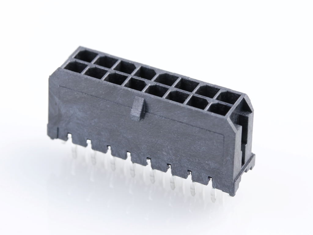 Micro-Fit 3.0 Vertical Header, 3.00mm Pitch, Dual Row, 16 Circuits, with PCB Press-fit Metal Retention Clip, 1.52µm Matte Tin Plating, Glow-Wire Capable, Black