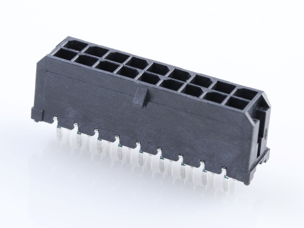 Micro-Fit 3.0 Vertical Header, 3.00mm Pitch, Dual Row, 18 Circuits, with PCB Polarizing Peg, 0.38µm Gold Plating, Glow-Wire Capable, Black