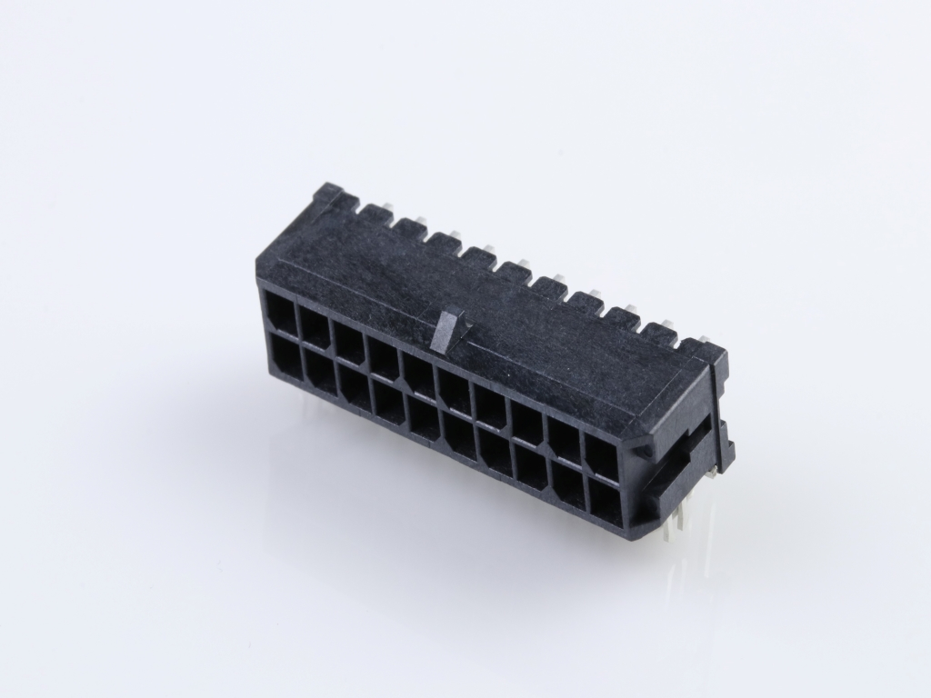 Micro-Fit 3.0 Right-Angle Header, 3.00mm Pitch, Dual Row, 20 Circuits, with PCB Press-fit Metal Retention Clip, 0.38µm Gold Plating, Glow-Wire Capable, Black