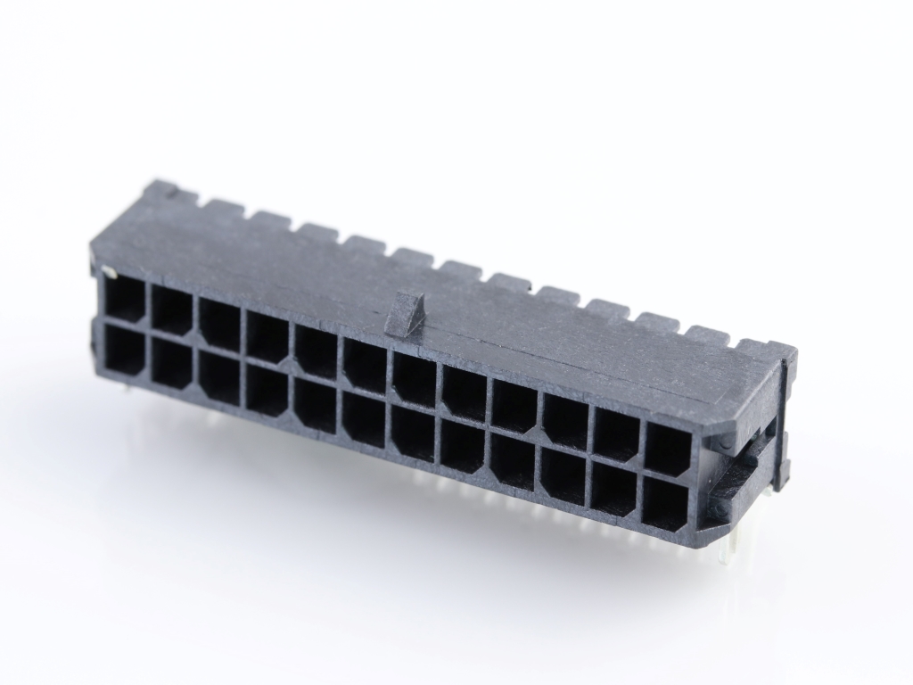 Micro-Fit 3.0 Right-Angle Header, 3.00mm Pitch, Dual Row, 24 Circuits, with PCB Press-fit Metal Retention Clip, 1.52µm Matte Tin Plating, Glow-Wire Capable, Black, Tape and Reel