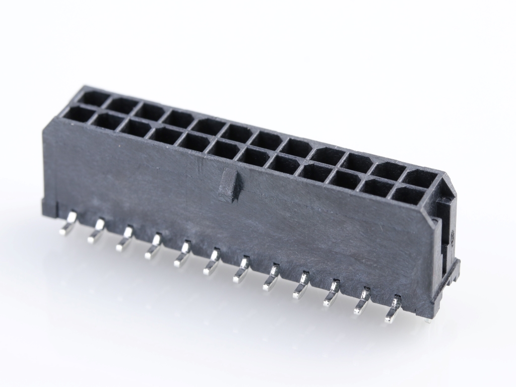 Micro-Fit 3.0 Vertical Header, 3.00mm Pitch, Dual Row, 24 Circuits, with PCB Press-fit Metal Retention Clip, 1.52µm Matte Tin Plating, Glow-Wire Capable, Black, Tape and Reel