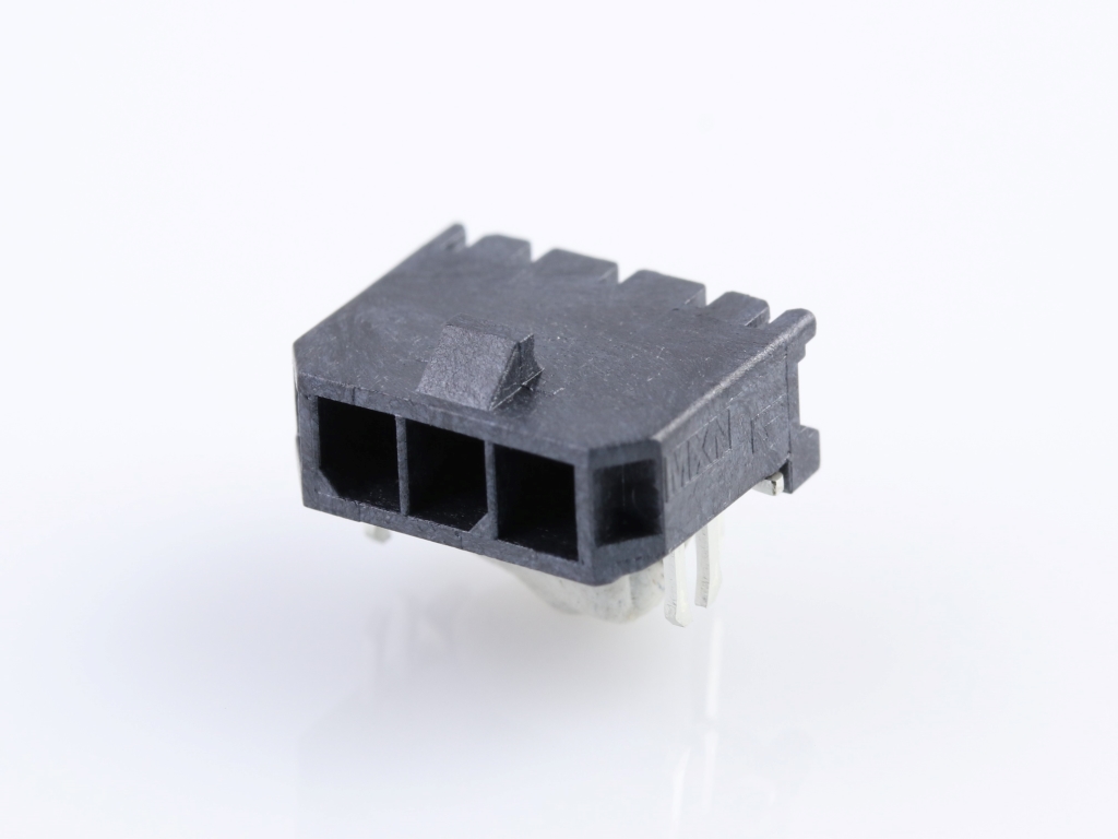 Micro-Fit 3.0 Right-Angle Header, 3.00mm Pitch, Single Row, 3 Circuits, with PCB Press-fit Metal Retention Clip, 0.76µm Gold Plating, Glow-Wire Capable, Black