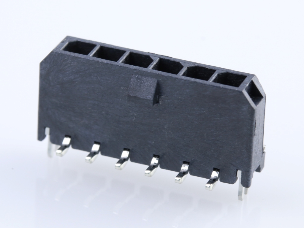 Micro-Fit 3.0 Vertical Header, 3.00mm Pitch, Single Row, 6 Circuits, with PCB Press-fit Metal Retention Clip, 1.52µm Matte Tin Plating, Glow-Wire Capable, Black, Tape and Reel
