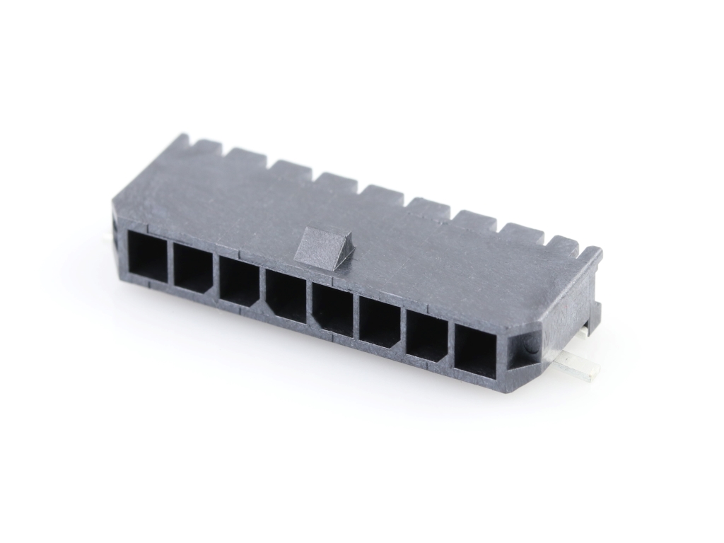 Micro-Fit 3.0 Right-Angle Header, 3.00mm Pitch, Single Row, 8 Circuits, with Solder Tab, 0.38µm Gold Plating, Glow-Wire Capable, Black, Tape and Reel