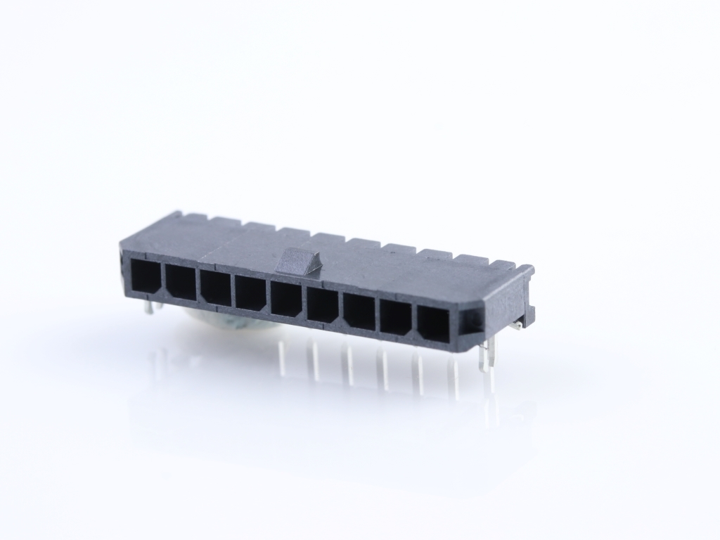 Micro-Fit 3.0 Right-Angle Header, 3.00mm Pitch, Single Row, 9 Circuits, with PCB Press-fit Metal Retention Clip, 0.38µm Gold Plating, Glow-Wire Capable, Black