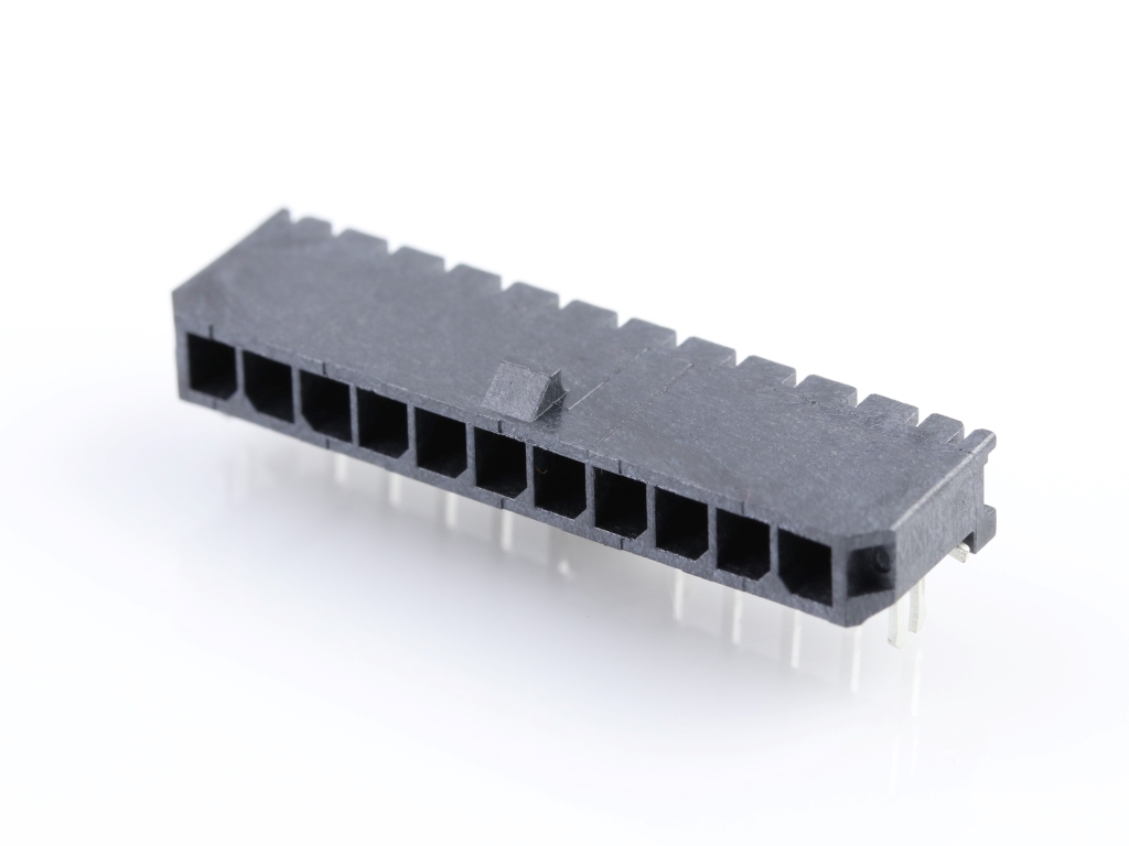 Micro-Fit 3.0 Right-Angle Header, 3.00mm Pitch, Single Row, 11 Circuits, with PCB Press-fit Metal Retention Clip, 1.52µm Matte Tin Plating, Glow-Wire Capable, Black