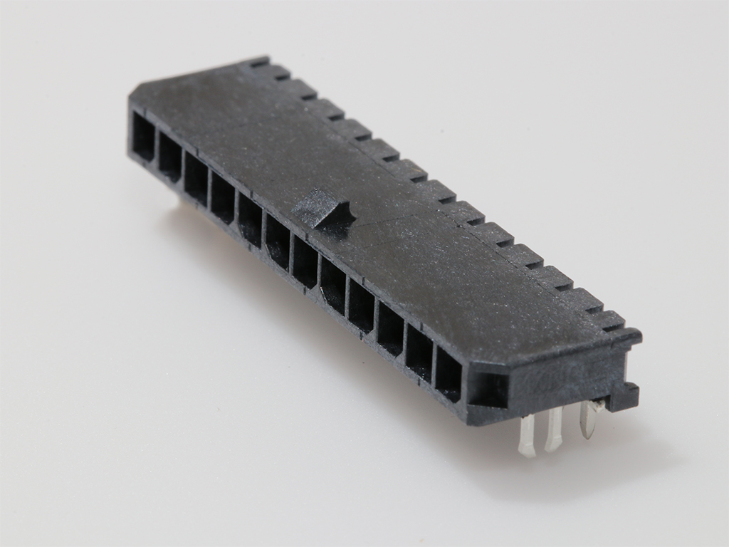 Micro-Fit 3.0 Right-Angle Header, 3.00mm Pitch, Single Row, 12 Circuits, with PCB Press-fit Metal Retention Clip, 1.52µm Matte Tin Plating, Glow-Wire Capable, Black, Tape and Reel