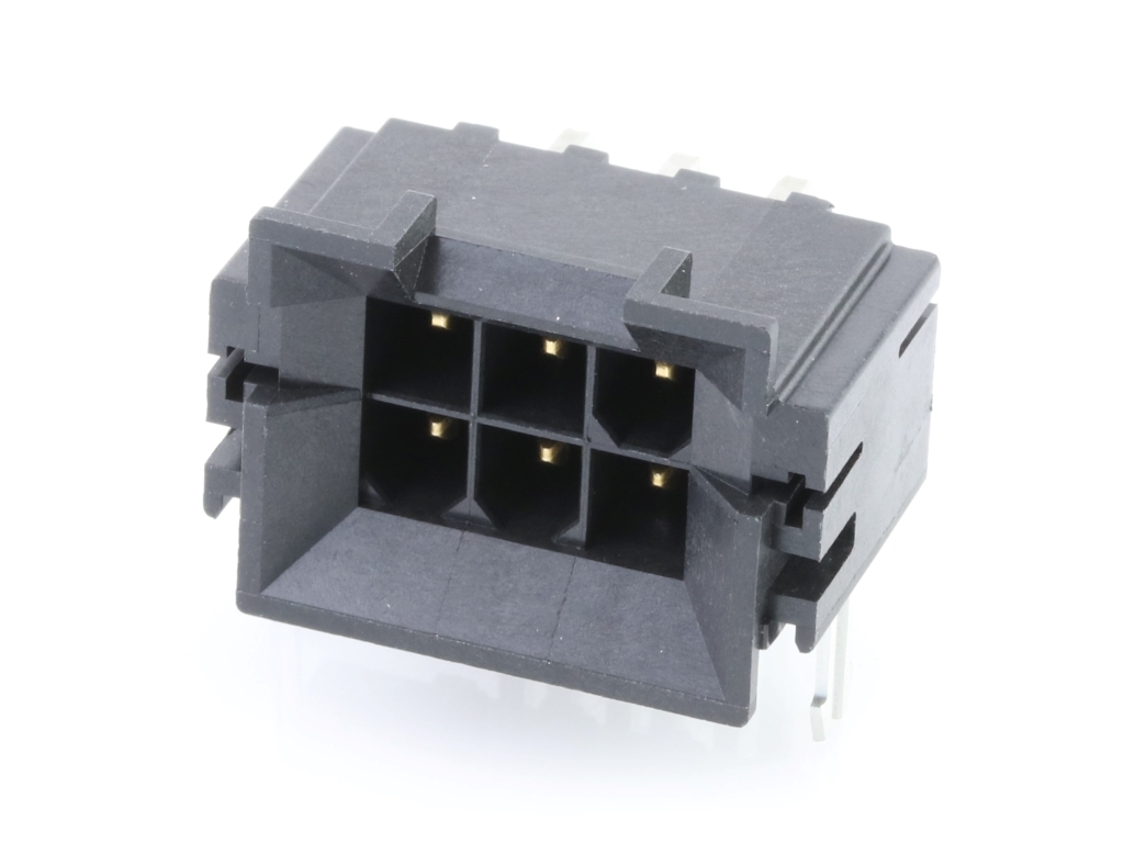 Mini-Fit BMI Header, Dual Row, Right-Angle, 6 Circuits, for 2.39mm PCB Thickness, Gold (Au) Plating, with Retention Clip