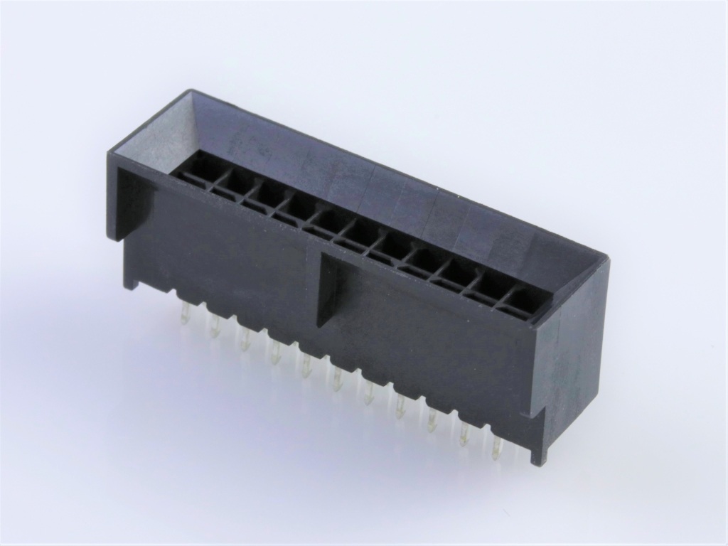Micro-Fit BMI Header, Dual Row, Vertical, with PCB Polarizing Peg, 22 Circuits, 0.76µm Gold (Au) Plating, Kinked Tails
