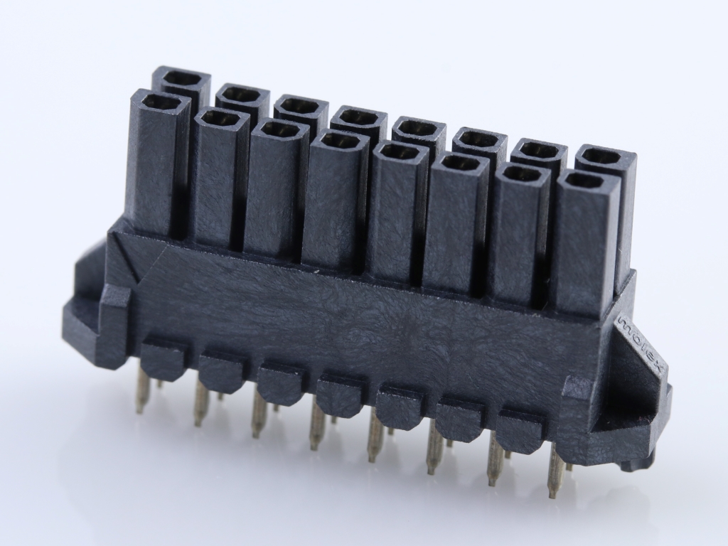Micro-Fit BMI Receptacle Header, Dual Row, Vertical, with Press-fit Plastic Pegs, 2.54µm Tin (Sn), 16 Circuits