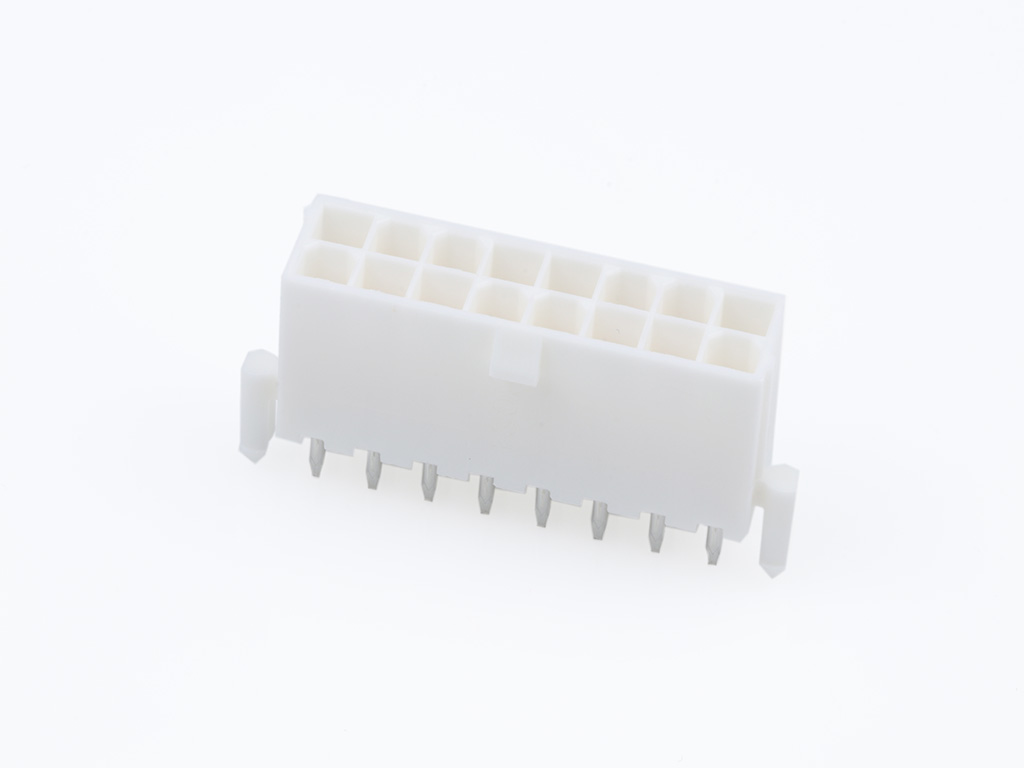 Mini-Fit Plus Header, Dual Row, Vertical, 16 Circuits, with Snap-in Plastic Peg PCB Lock, Nylon 6/6, UL 94V-0, Gold (Au) Plating