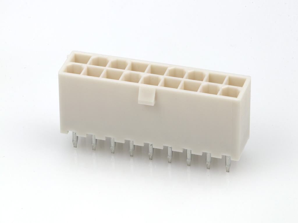 Mini-Fit Jr. Vertical Header, 4.20mm Pitch, Dual Row, 18 Circuits, without Snap-in Plastic Peg PCB Lock, Gold, Natural
