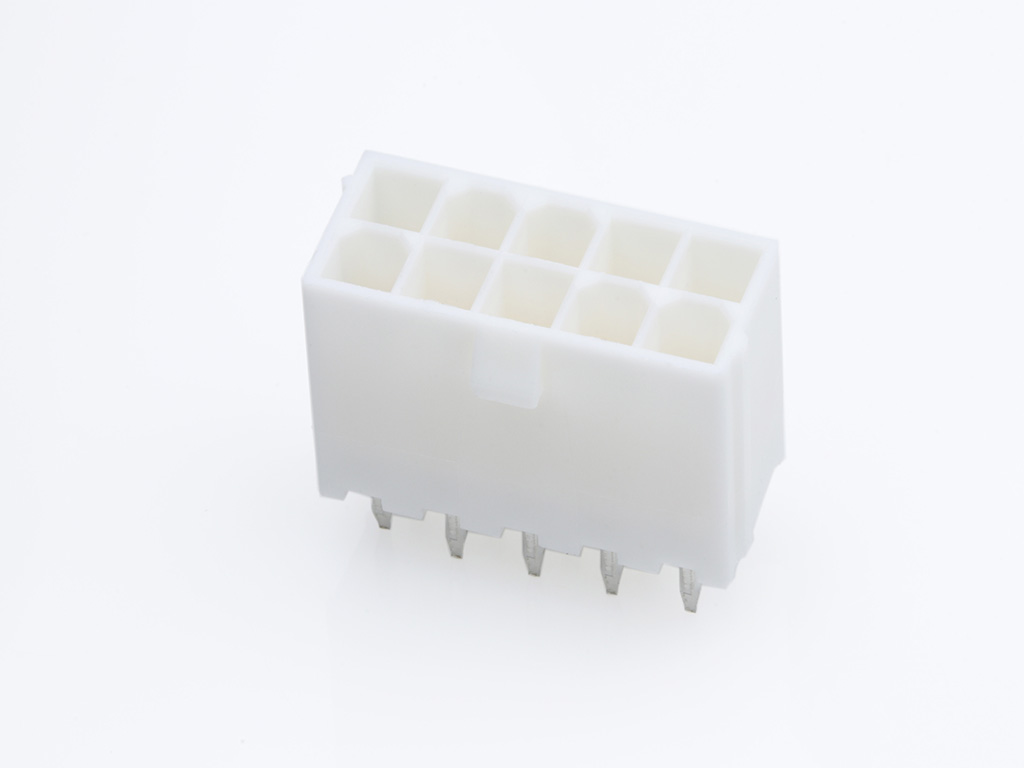 Mini-Fit Jr. Vertical Header, 4.20mm Pitch, Dual Row, 10 Circuits, without Snap-in Plastic Peg PCB Lock, Gold, Natural