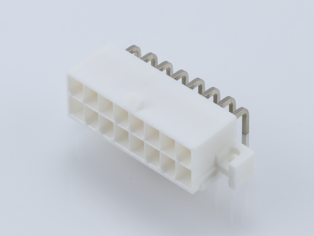 Mini-Fit Jr. Header, Dual Row, Right-Angle, with PCB Mounting Flange, 16 Circuits, PA Polyamide Nylon 6/6 94V-0, Gold (Au) Plating