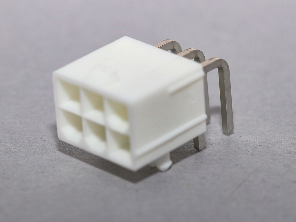 Mini-Fit Jr. Header, Single Row, Right-Angle, with Snap-in Plastic Peg PCB Lock, 6 Circuits, UL 94V-0, Matte Tin (Sn) Plating, Natural, Tray
