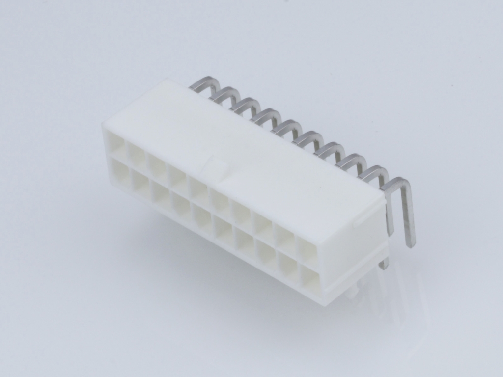 Mini-Fit Jr. Header, Dual Row, Right-Angle, with Snap-in Plastic Peg PCB Lock, 20 Circuits, PA Polyamide Nylon 6/6 94V-0, 2.54µm Matte Tin (Sn) Plating