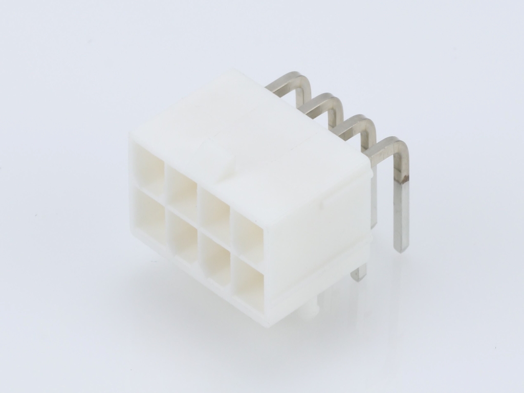 Mini-Fit Jr. Header, Dual Row, Right-Angle, with Snap-in Plastic Peg PCB Lock, 8 Circuits, PA Polyamide Nylon 6/6 94V-0, 0.76µm Select Gold (Au) Plating